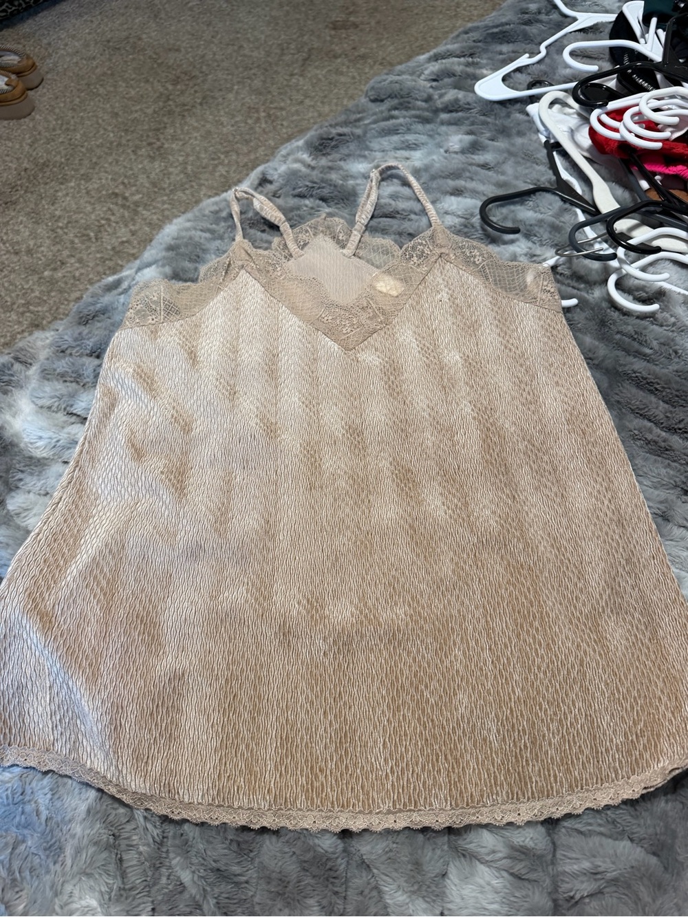 Lace-Trim Satin Cami Tank Top in Beige